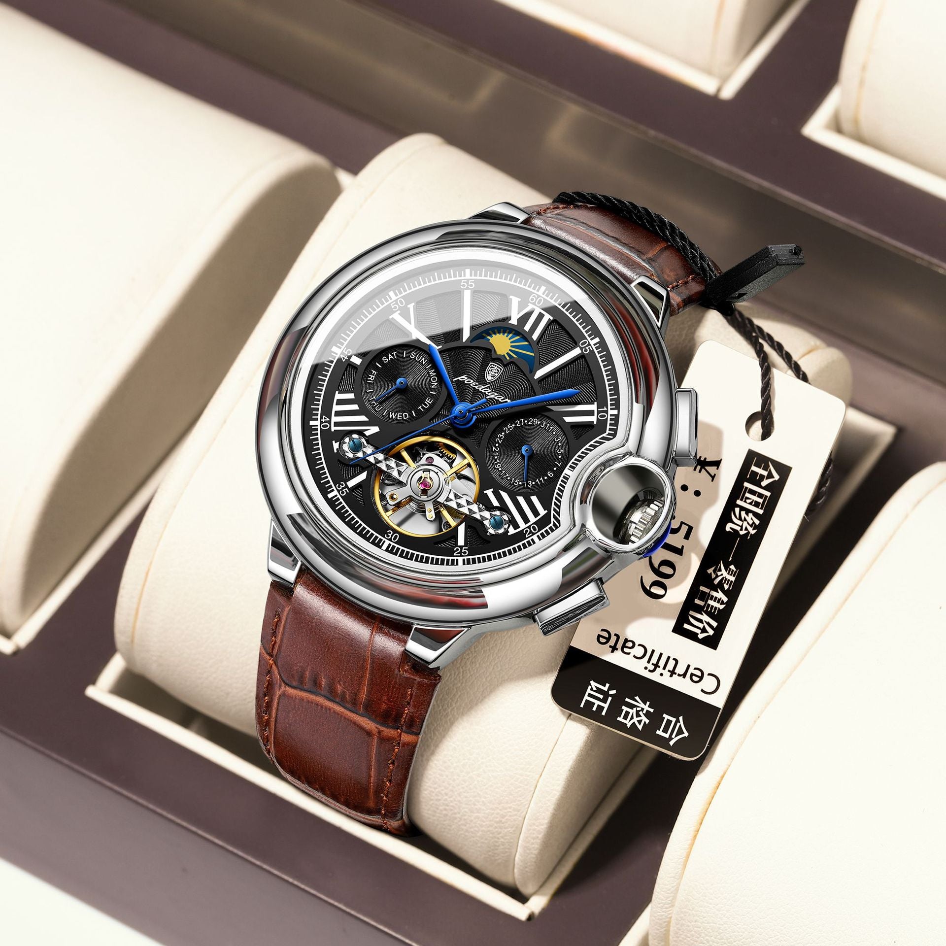 Reloj Mecánico Automático Tourbillon con Fase Lunar – Cristal Zafiro, 50m, 4 Colores