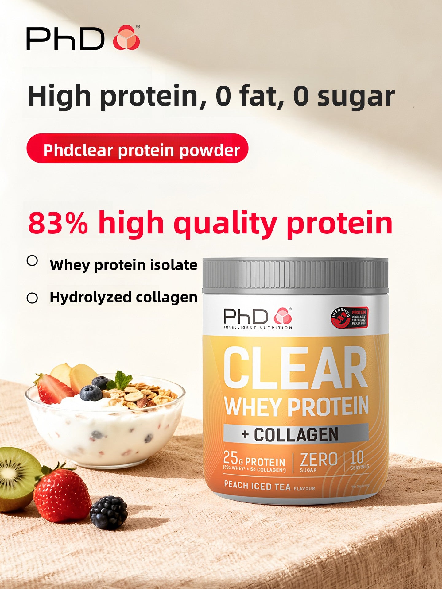 Proteína en Polvo con Colágeno 300g Sin Azúcar | Clear Whey Protein Collagen Powder