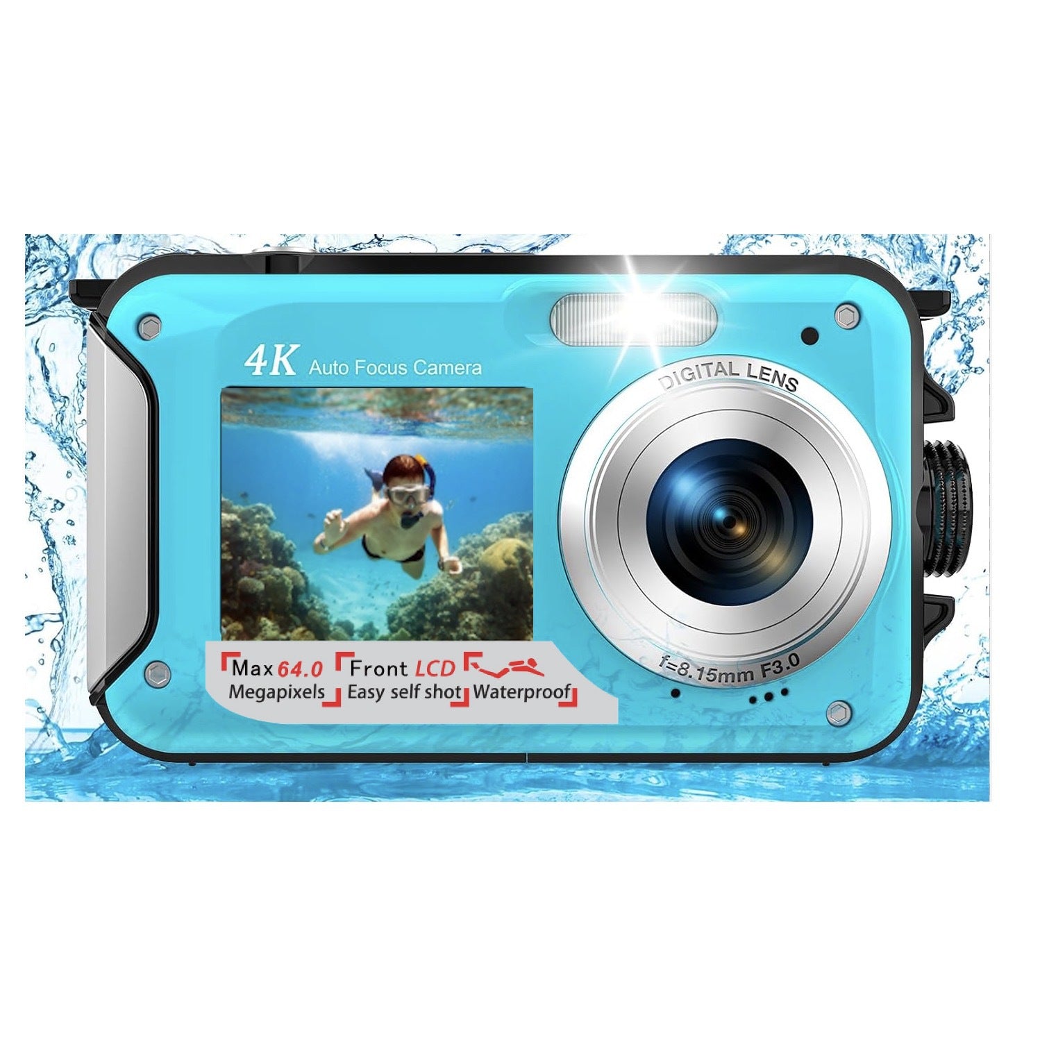 Cámara Digital 4K Dual Screen Resistente al Agua – 64MP, Autofocus, Zoom 16x, Hasta 128GB