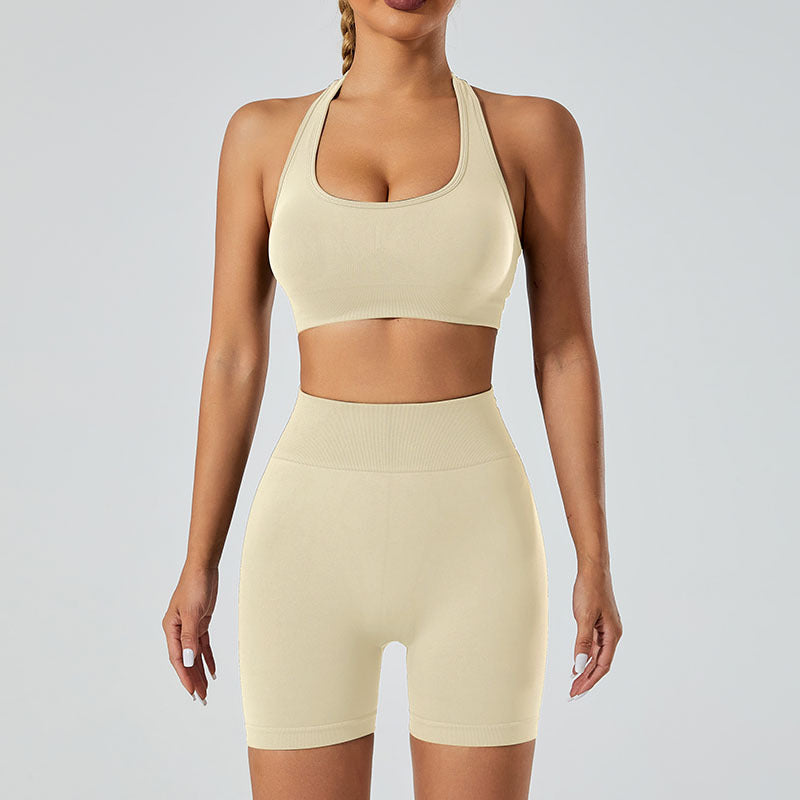 Set Deportivo Yoga Mujer Sin Costuras 90% Nylon 10% Spandex Sports Bra + Shorts V-Neck Halter Moisture-Wicking 12 Colores S-L | Women Seamless Yoga Sports Set
