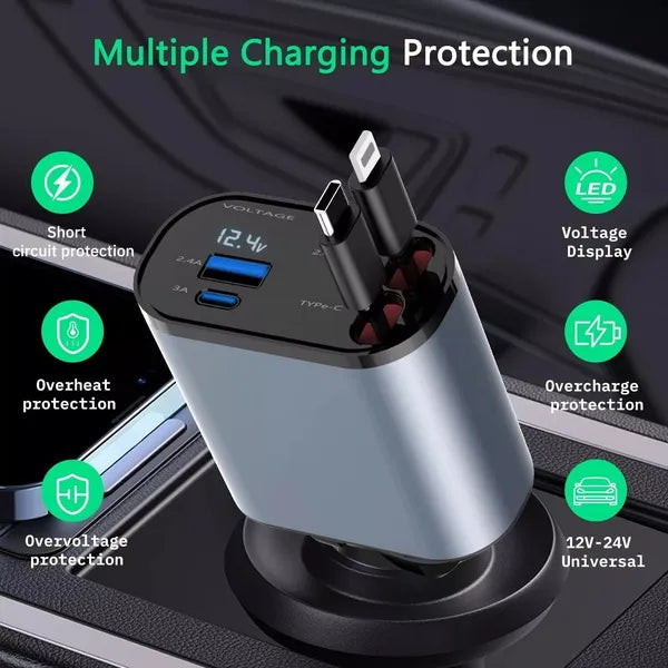 Cargador Rápido Retráctil para Auto 4 en 1 – 60W con Cables Tipo C, iOS, USB-C y USB-A