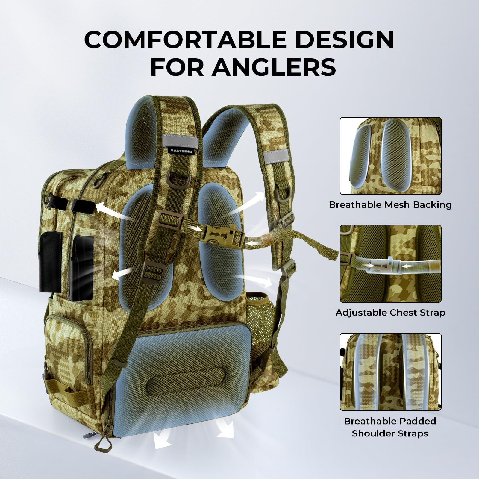 KastKing BaitSpace Mochila de Pesca 50L | Sistema Intercambiable, 2 Soportes para Cañas