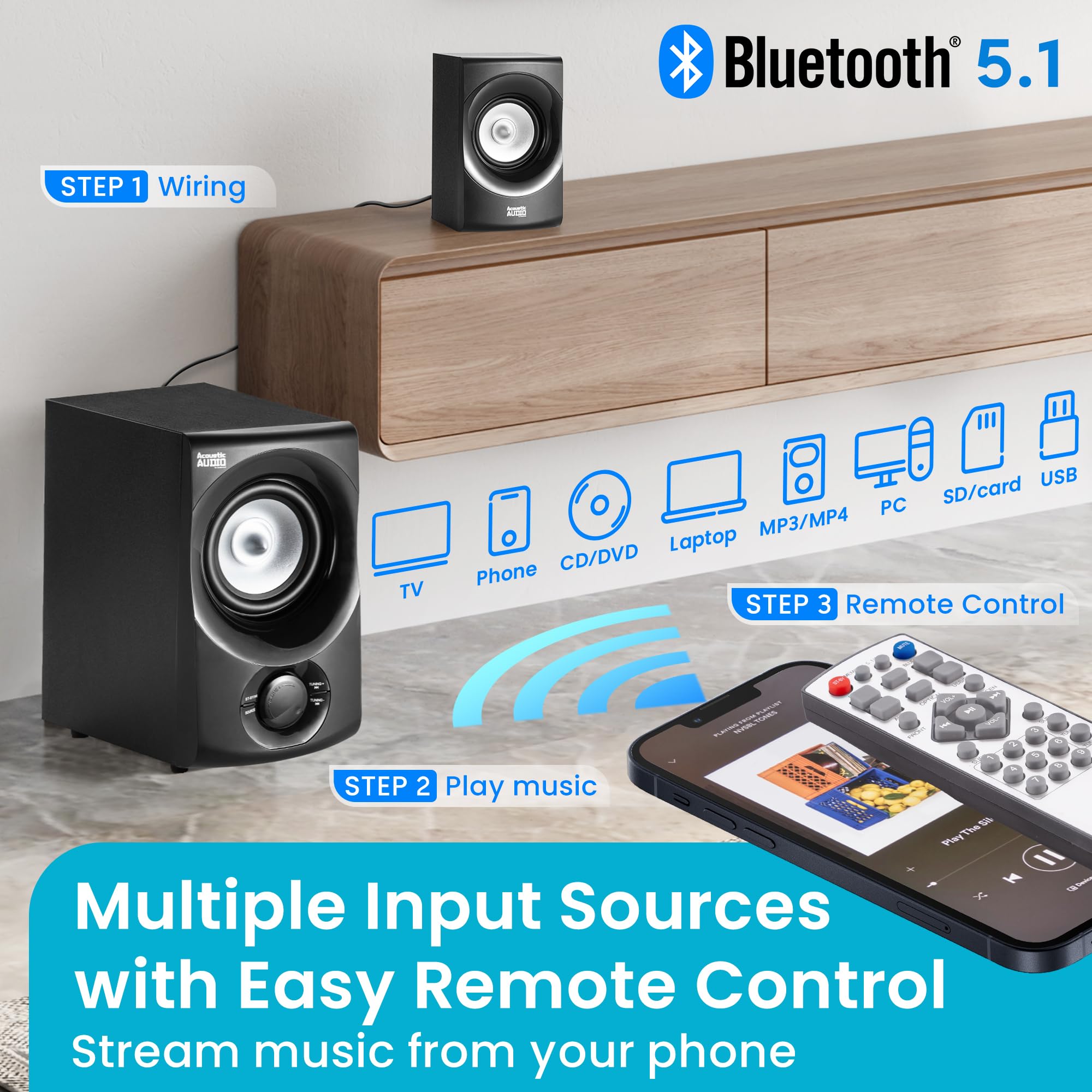 Acoustic Audio AA5170 Sistema de Bocinas Bluetooth 5.1 para Cine en Casa 700W con Subwoofer