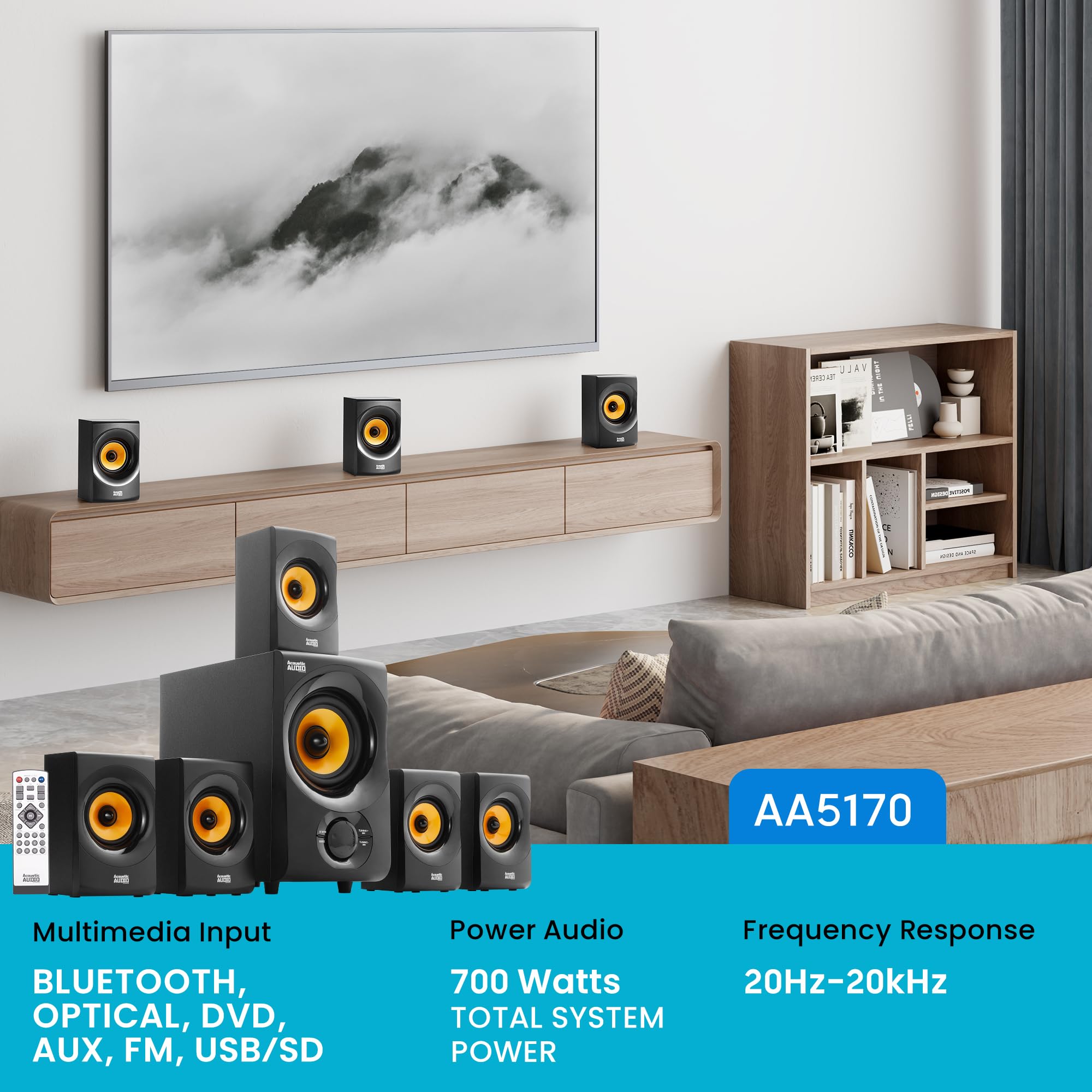 Acoustic Audio AA5170 Sistema de Bocinas Bluetooth 5.1 para Cine en Casa 700W con Subwoofer