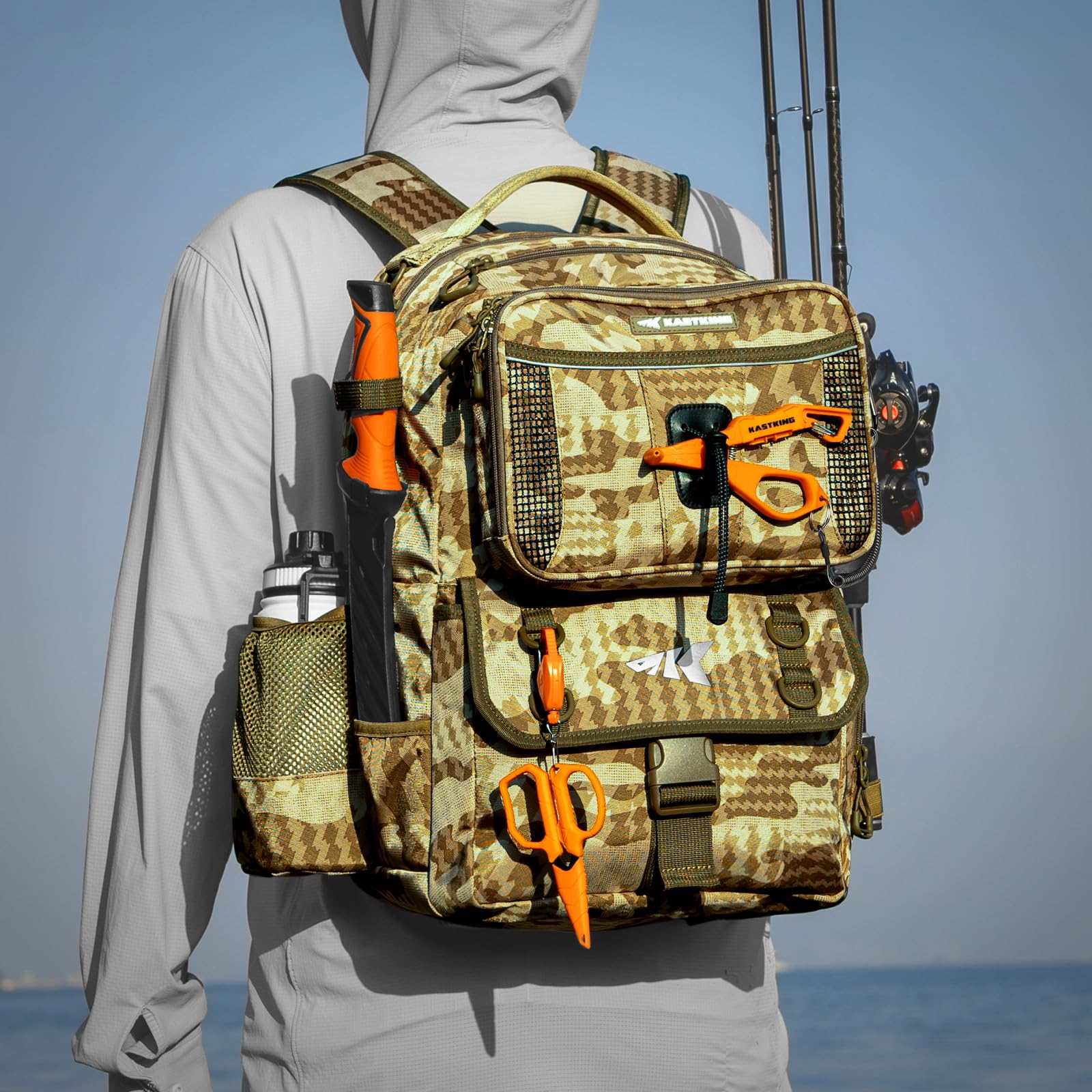 KastKing BaitSpace Mochila de Pesca 50L | Sistema Intercambiable, 2 Soportes para Cañas