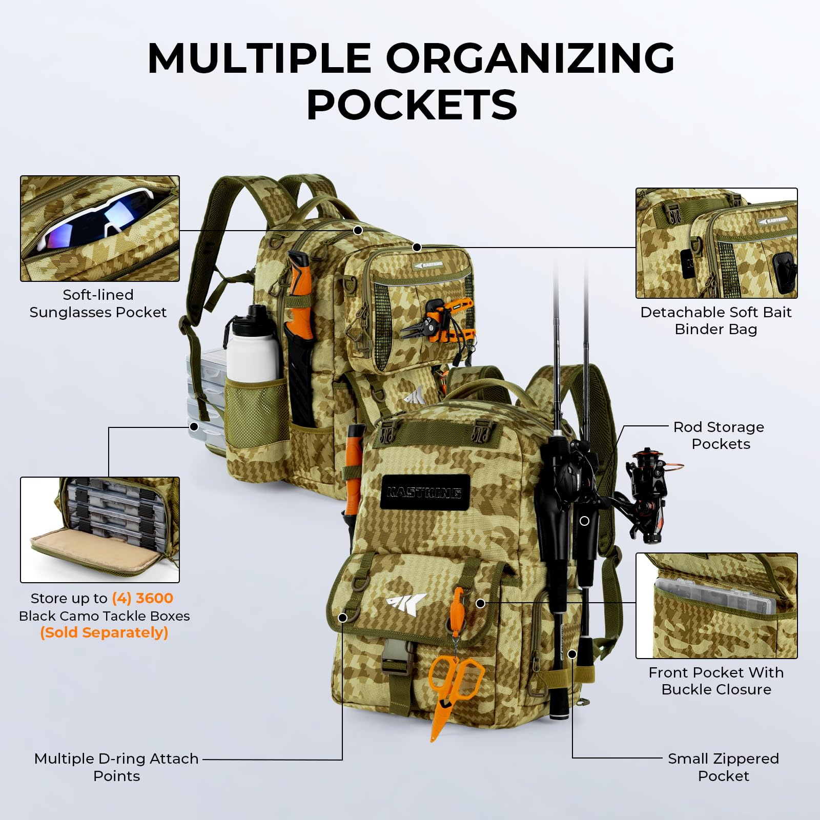 KastKing BaitSpace Mochila de Pesca 50L | Sistema Intercambiable, 2 Soportes para Cañas