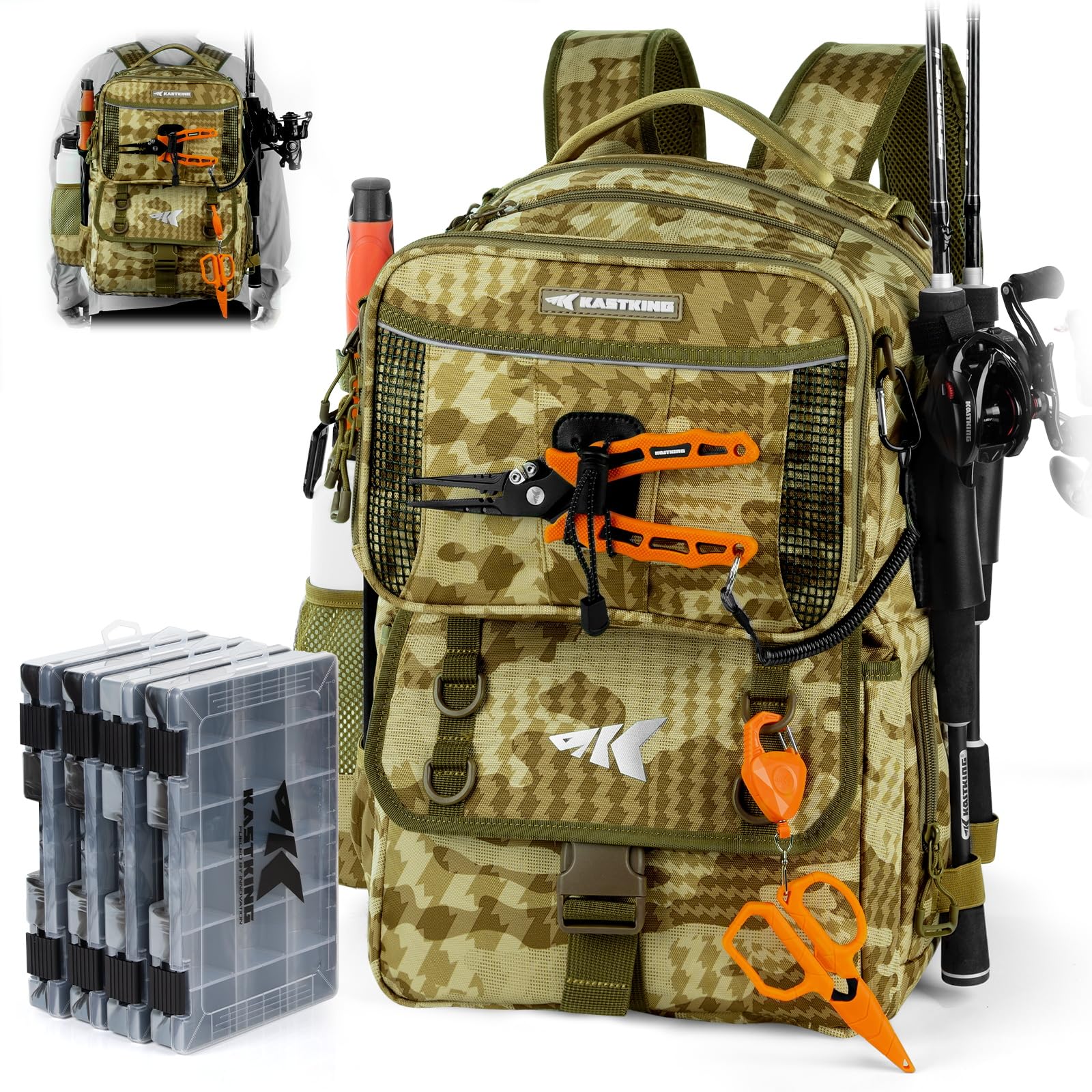 KastKing BaitSpace Mochila de Pesca 50L | Sistema Intercambiable, 2 Soportes para Cañas