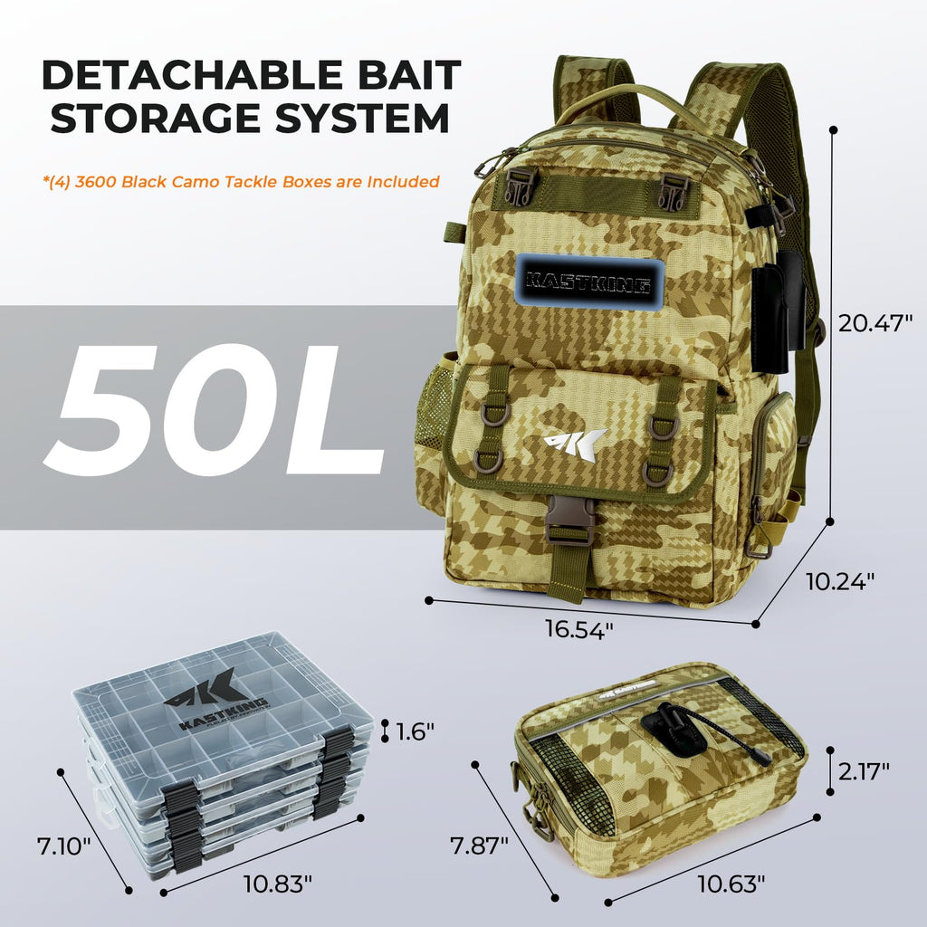 KastKing BaitSpace Mochila de Pesca 50L | Sistema Intercambiable, 2 Soportes para Cañas