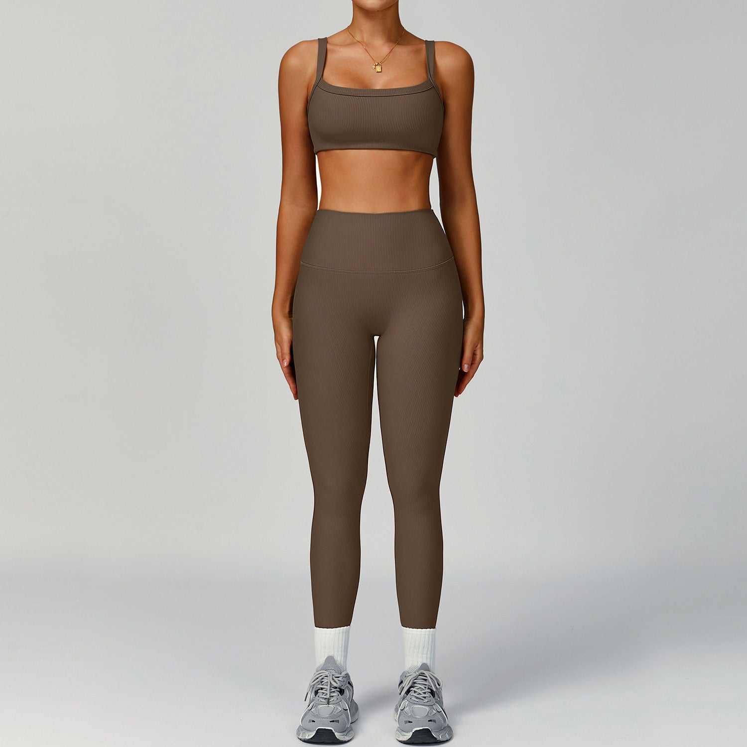 Conjunto Yoga Mujer 3 Piezas Acanalado 78% Nylon 22% Spandex Cintura Alta Quick-Dry Bra/Vest/Jacket + Shorts/Pants S-XL | Women Ribbed Yoga Outfit Set