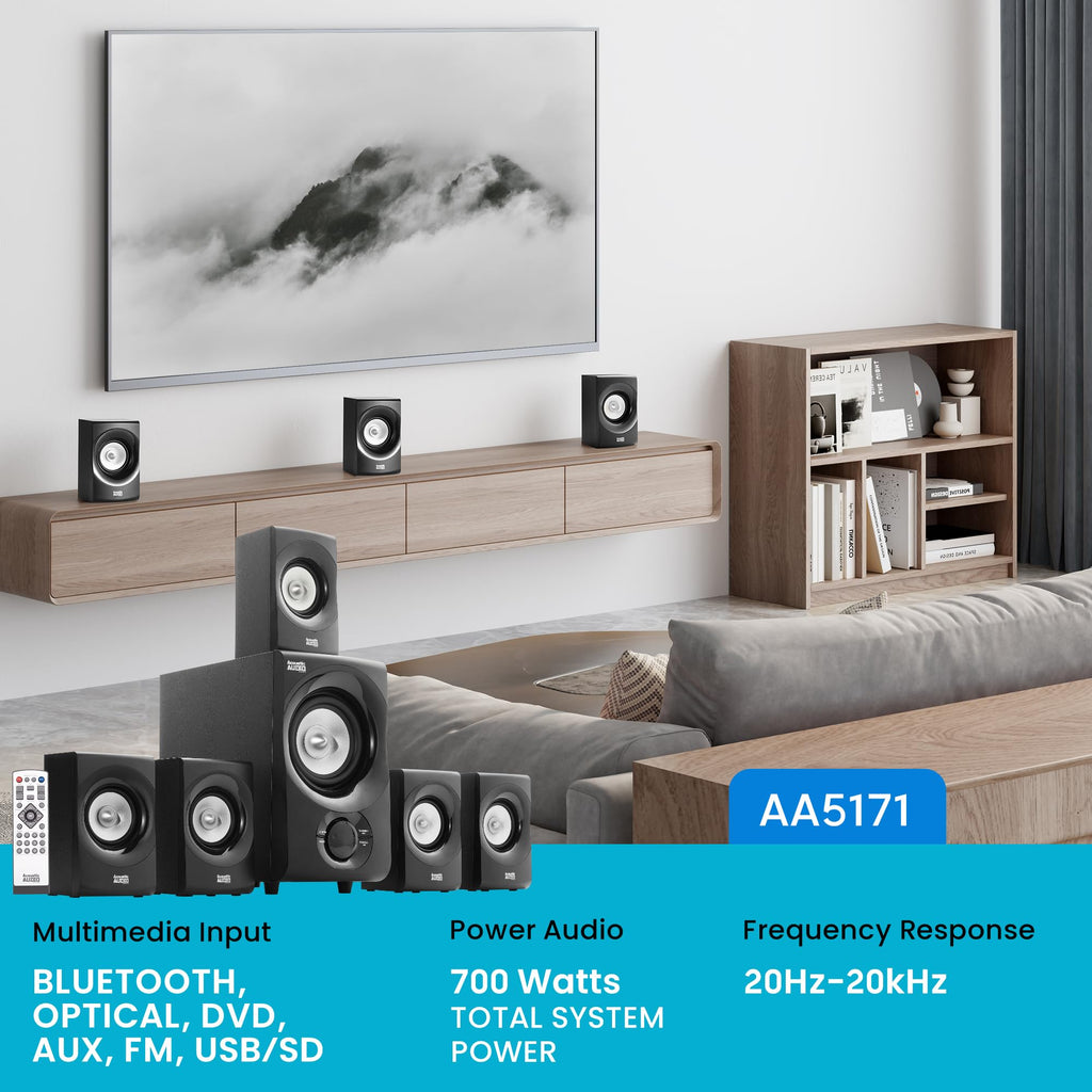 Acoustic Audio AA5170 Sistema de Bocinas Bluetooth 5.1 para Cine en Casa 700W con Subwoofer