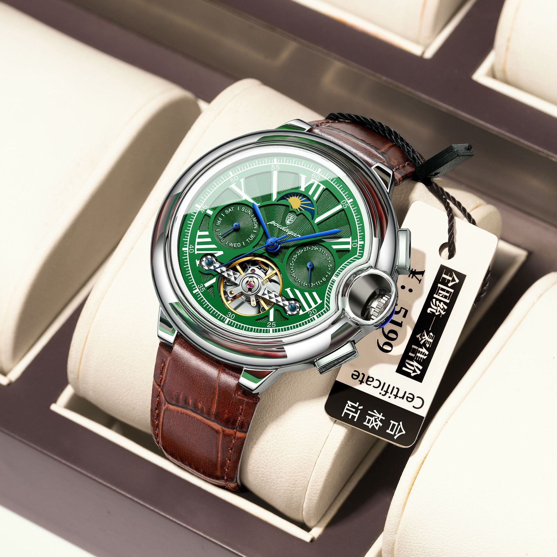 Reloj Mecánico Automático Tourbillon con Fase Lunar – Cristal Zafiro, 50m, 4 Colores
