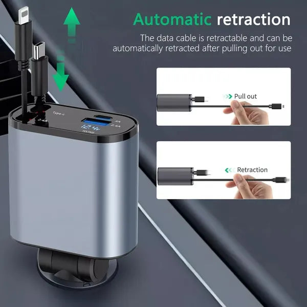 Cargador Rápido Retráctil para Auto 4 en 1 – 60W con Cables Tipo C, iOS, USB-C y USB-A