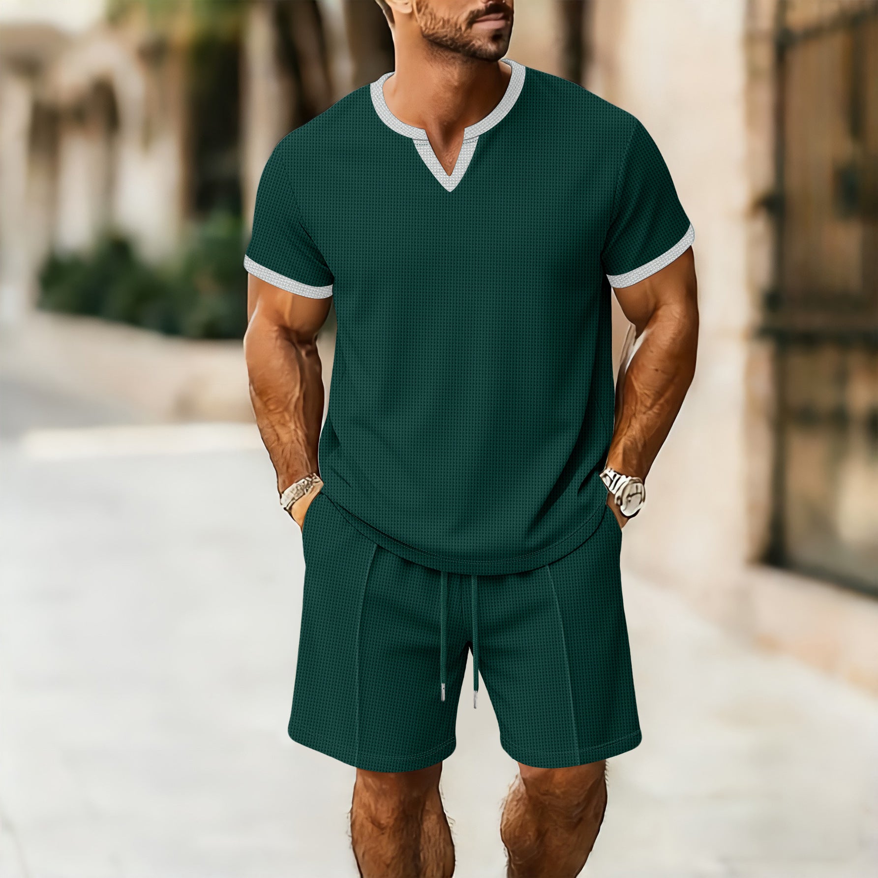 Conjunto Deportivo Hombre Camiseta Cuello V + Shorts Textura Waffle – S a XXXL