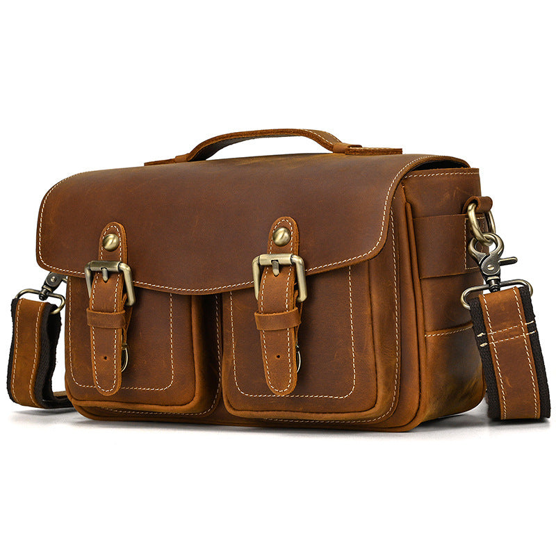 Bolso Retro de Cuero Genuino para Cámara – Primera Capa de Cuero, Resistente al Agua, Bandolera