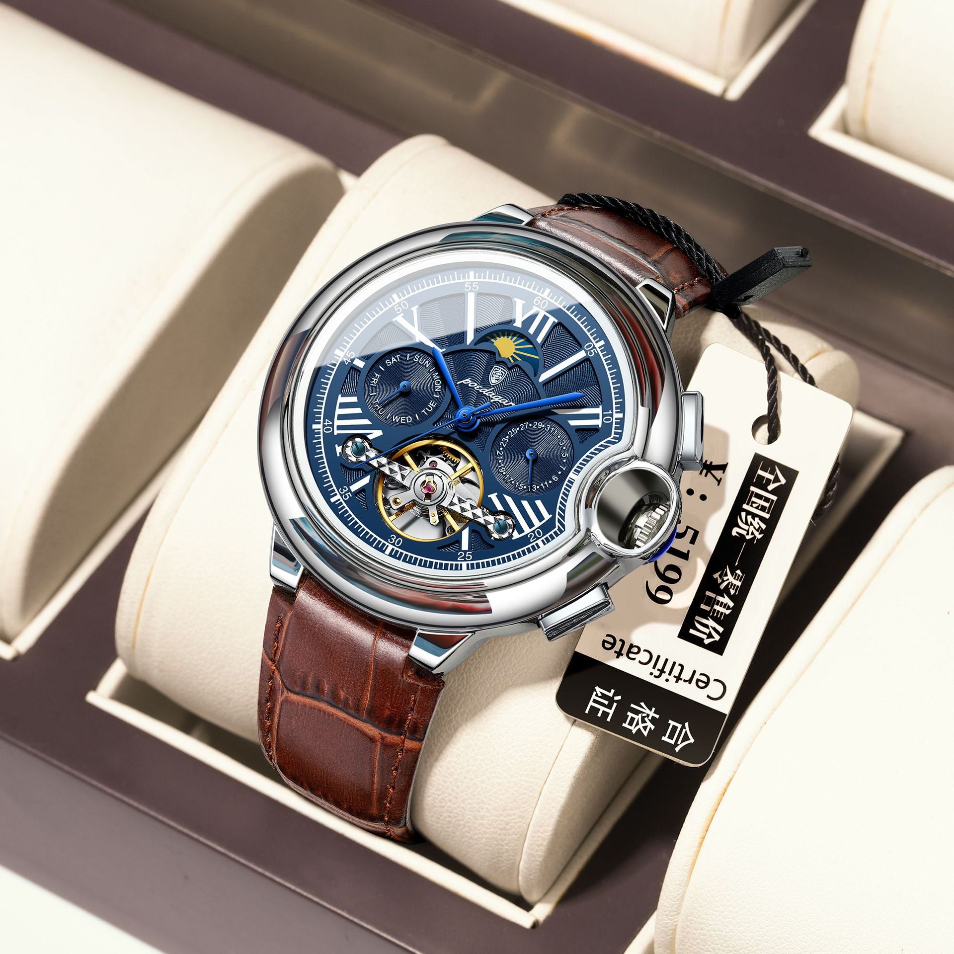 Reloj Mecánico Automático Tourbillon con Fase Lunar – Cristal Zafiro, 50m, 4 Colores
