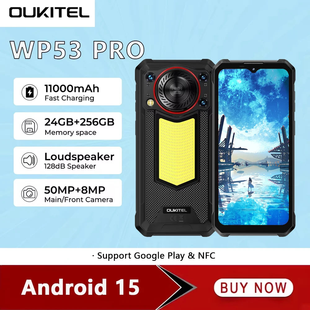 OUKITEL WP53 Pro | Rugged Phone 4G 11000mAh 50MP 128dB Android 15 | NFC IP68