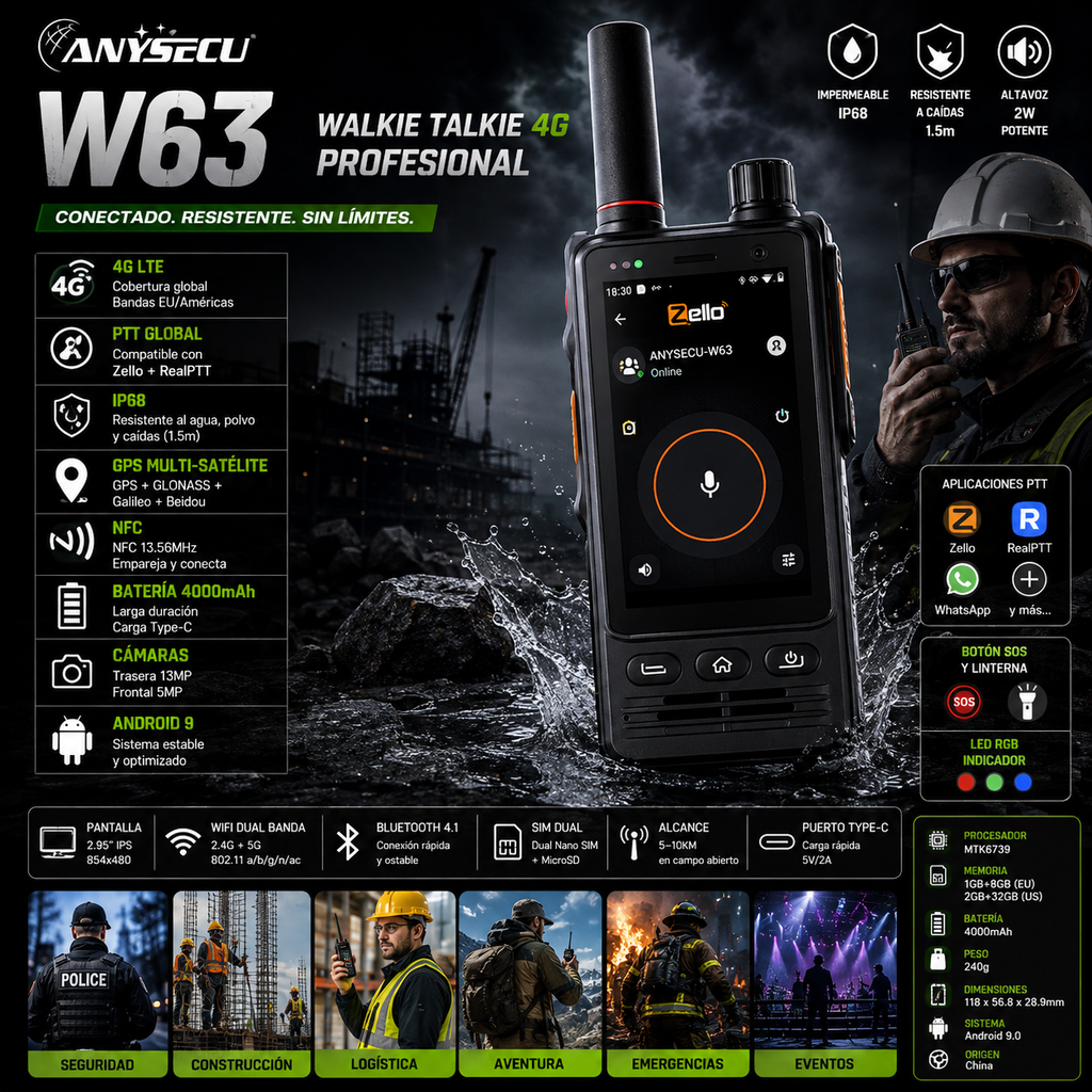 ANYSECU W63 | Walkie Talkie 4G PTT IP68 NFC GPS | Zello RealPTT Android