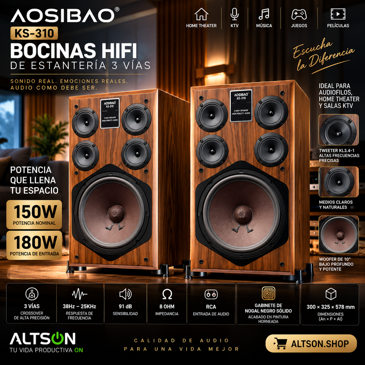 AOSIBAO 10" HIFI Bookshelf Speaker | 3-Way 150W | Wood Cabinet | Home Theater & KTV