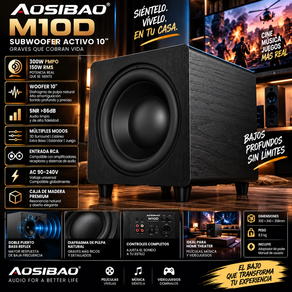 AOSIBAO M10D | Subwoofer Activo 10" 300W | HIFI Home Theater | Caja Madera | altson.shop