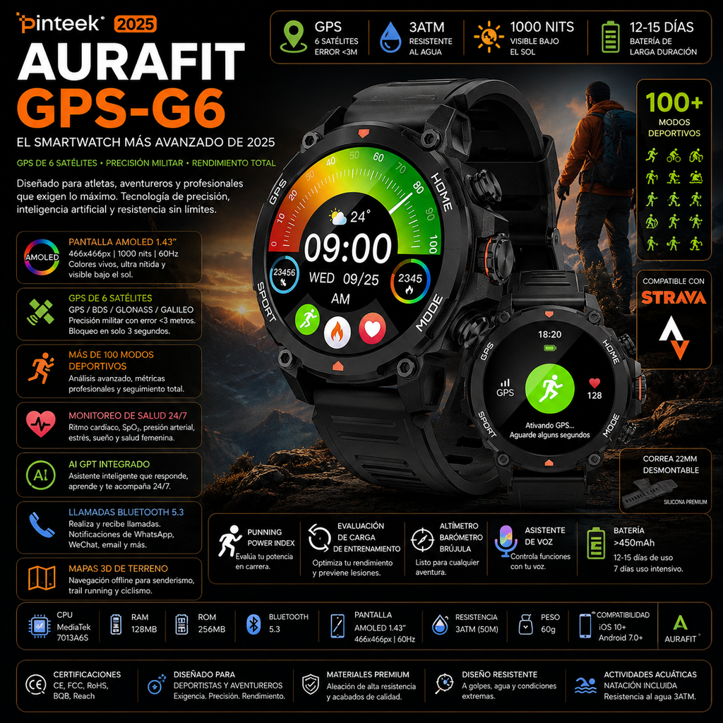 Smartwatch AURAFIT GPS-G6 2025 | AMOLED 1.43" | GPS 6 Satélites | 3ATM | AI GPT | 100+ Deportes