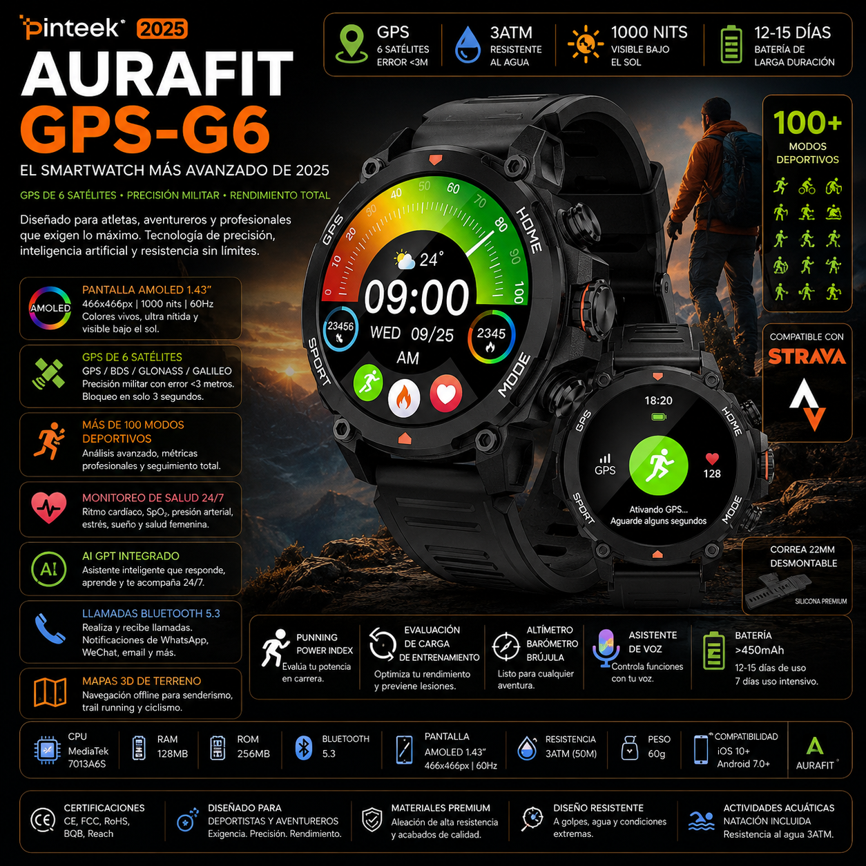 Smartwatch AURAFIT GPS-G6 2025 | AMOLED 1.43" | GPS 6 Satélites | 3ATM | AI GPT | 100+ Deportes