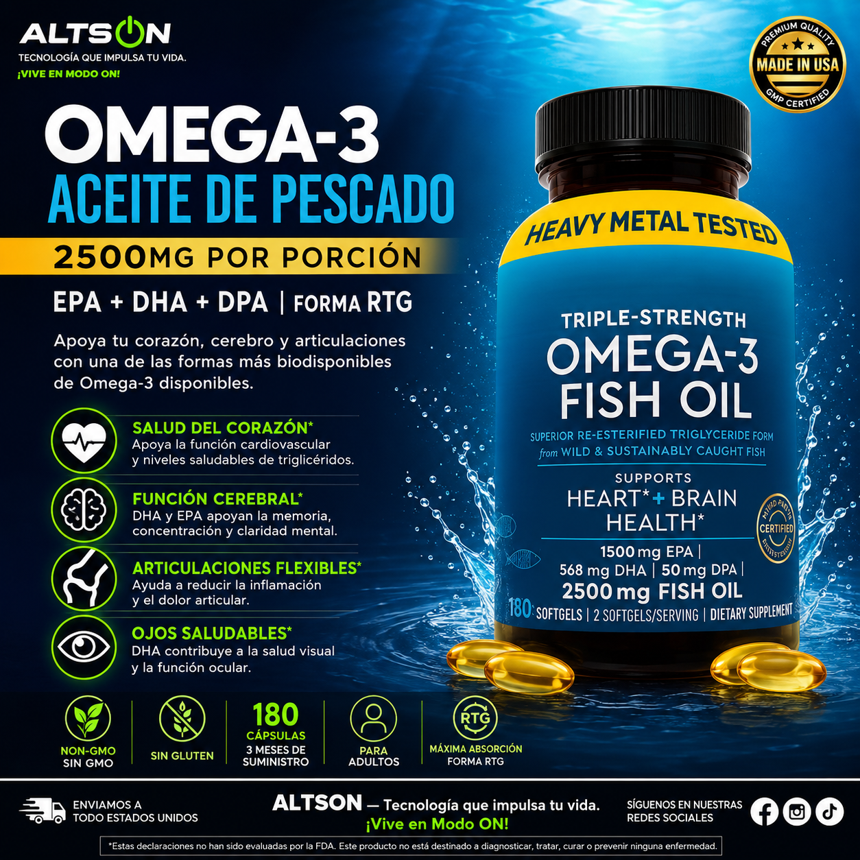 Omega-3 Fish Oil 2500mg | EPA DHA DPA RTG | 180 Cápsulas | Non-GMO, Sin Gluten