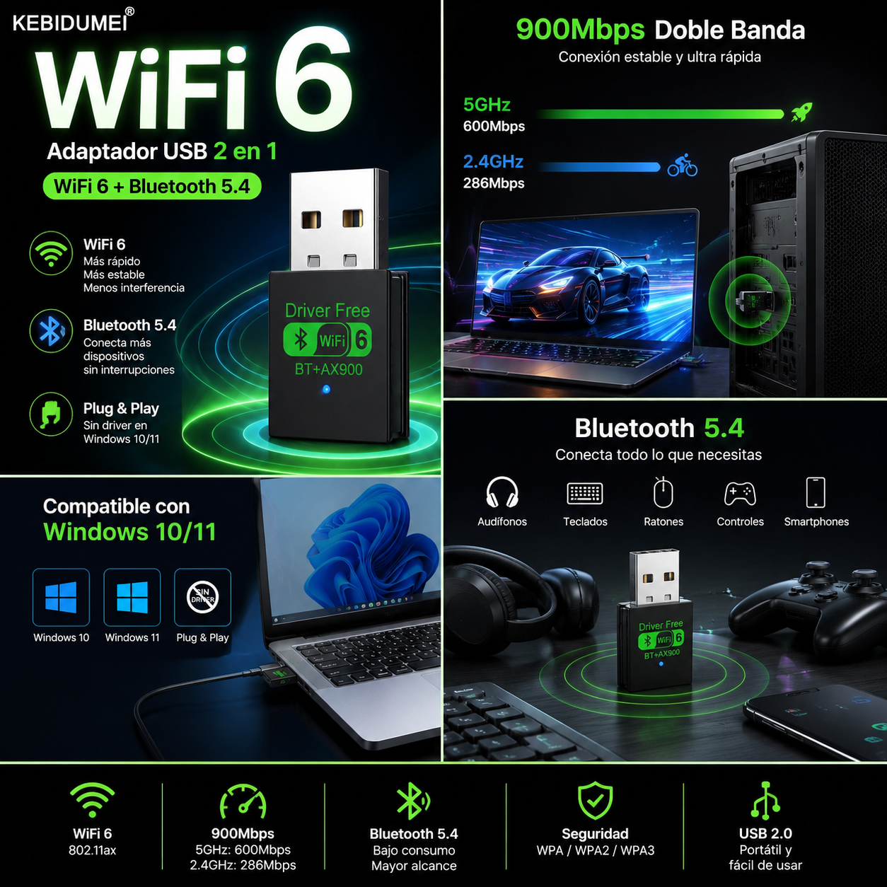 Adaptador USB WiFi + Bluetooth 5.4 900Mbps 2en1 | Doble Banda 2.4G & 5GHz | WiFi 6 | Sin Driver