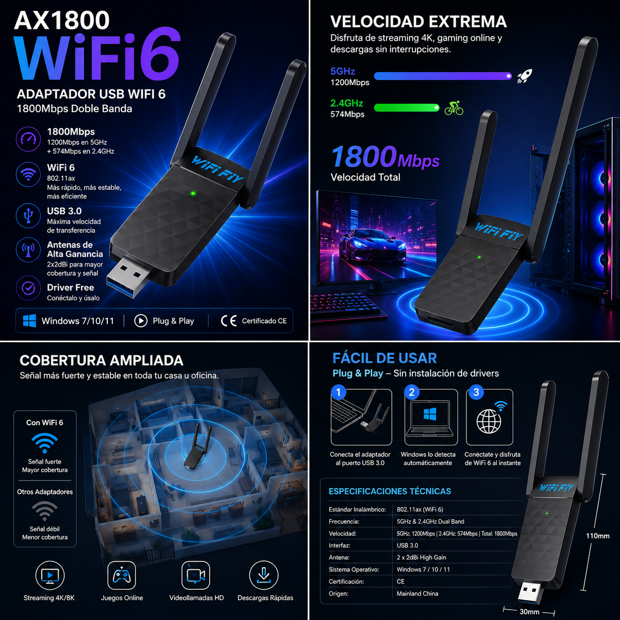 Adaptador USB WiFi 6 1800Mbps | Doble Banda 5GHz/2.4GHz | USB 3.0 | Antena Alta Ganancia | Windows 10/11