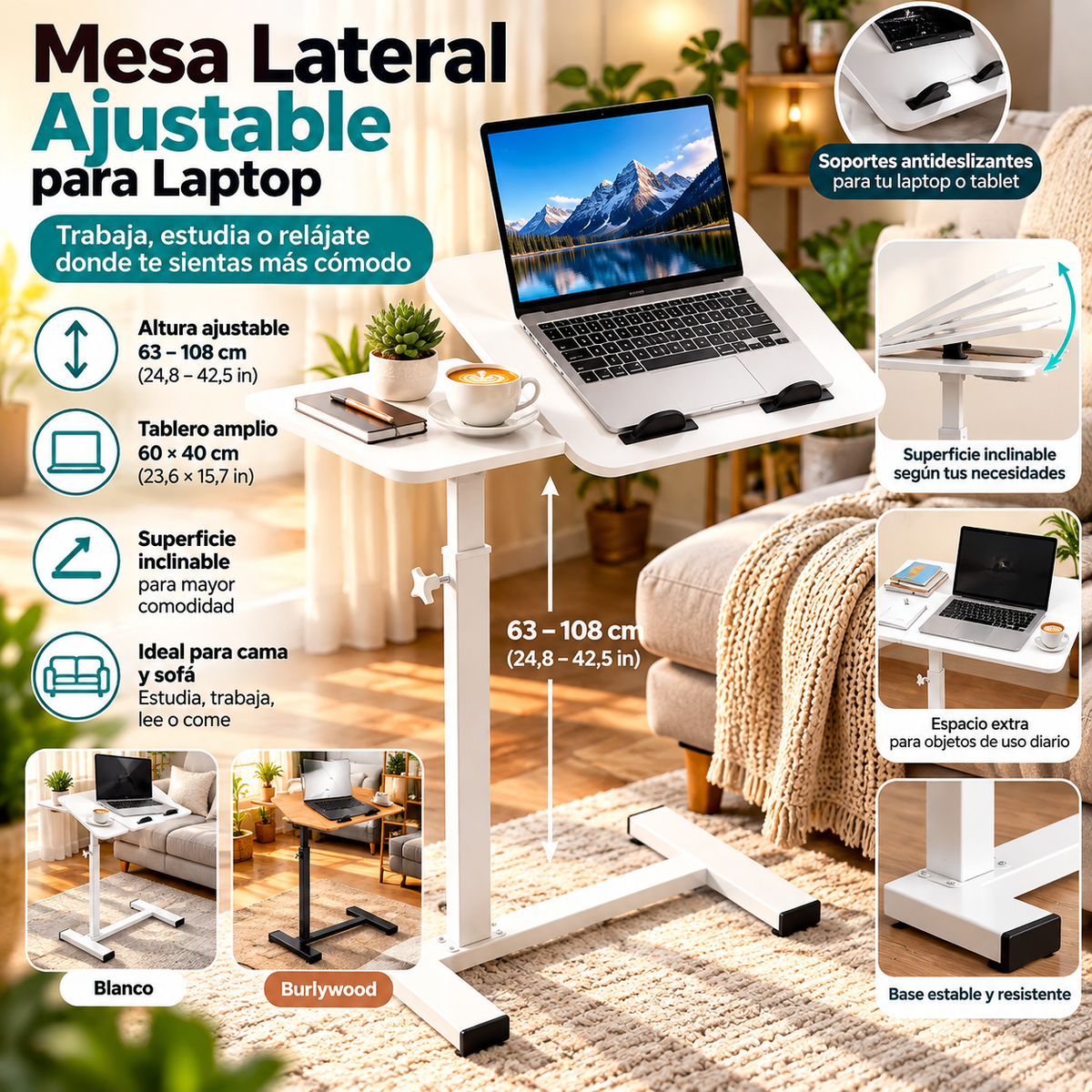 Adjustable Laptop Side Table | Tilting 60 × 40 cm Top | Bed & Sofa / Mesa Ajustable