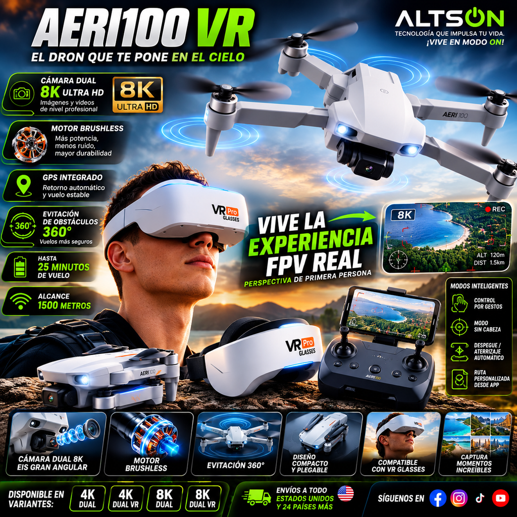 Dron Aeri100 VR – Cámara 8K HD, Motor Brushless, GPS, Evitación 360°, Diseño Aerodinámico 1:1