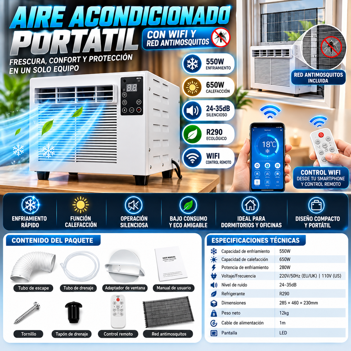 Aire Acondicionado Portátil con WiFi | Compresor Real | 550W | Control Remoto