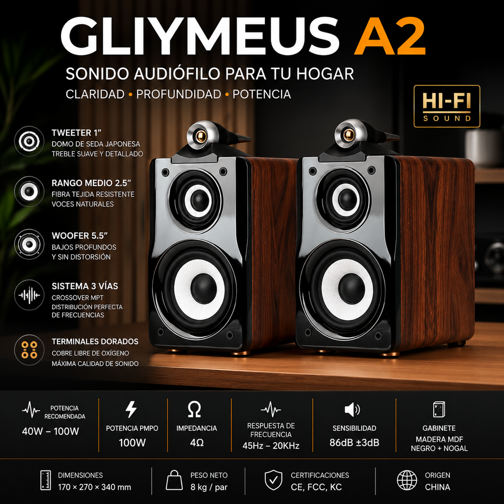 Altavoces Pasivos HiFi de Estantería 5.5" | 100W | 3 Vías | Caja de Madera | Par | 5.5" HiFi Passive Bookshelf Speakers 100W 3-Way Wooden Cabinet Pair