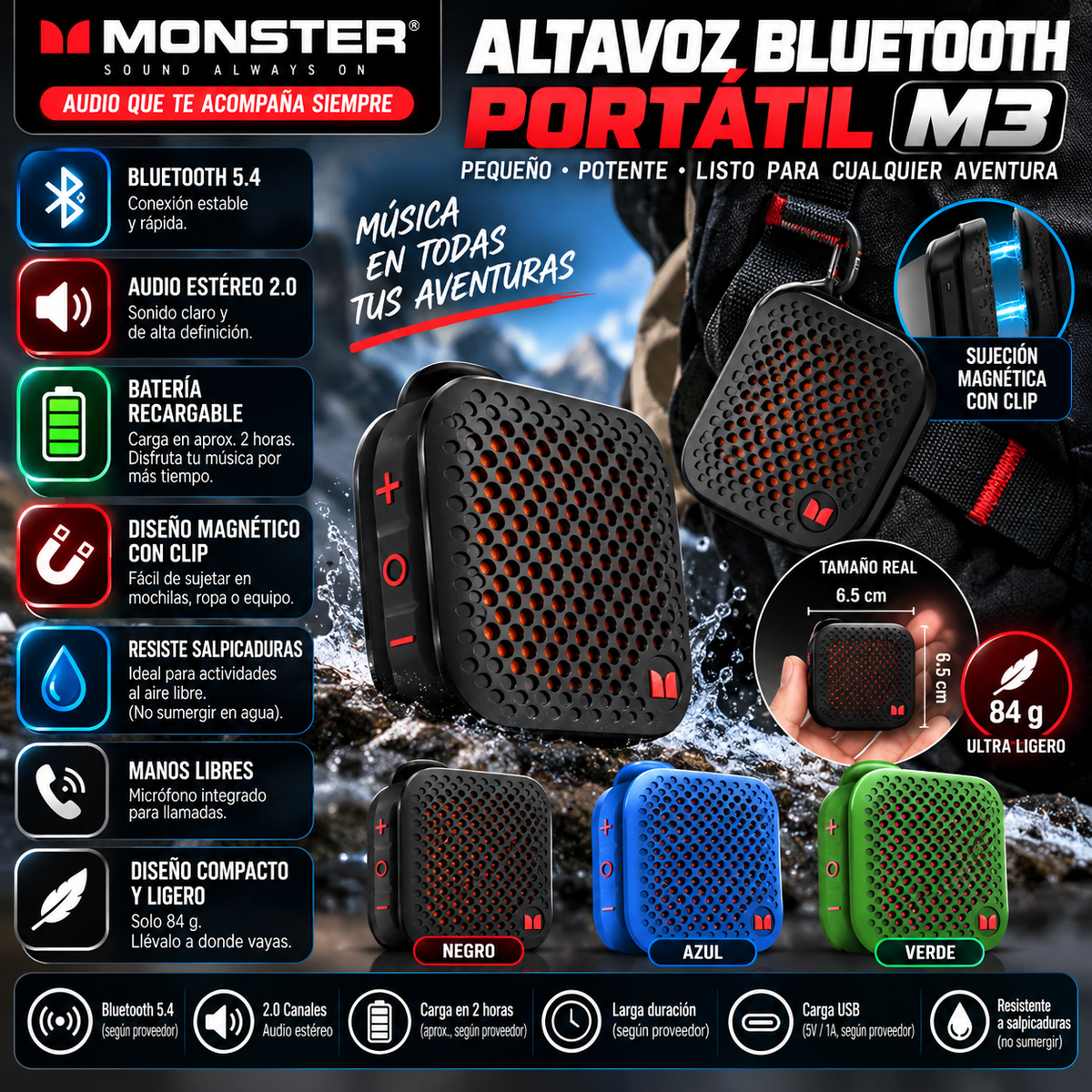 Monster M3 Clip-On Bluetooth Speaker | Portable Audio / Altavoz Bluetooth portátil Monster M3