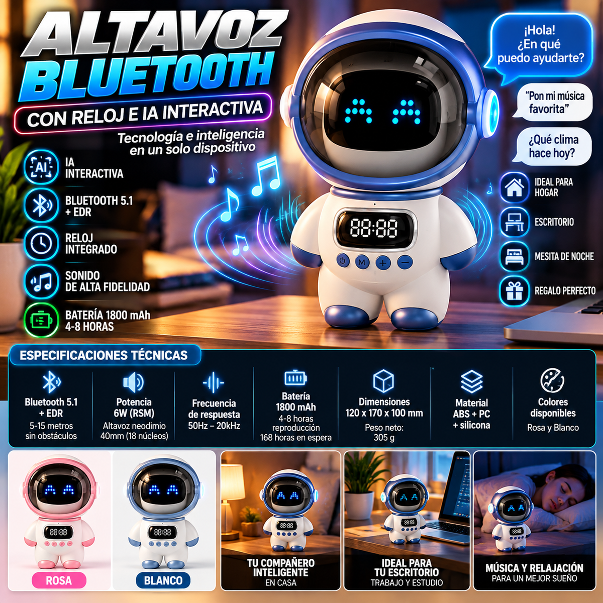 Altavoz Bluetooth con Reloj e IA Interactiva | 6W, Bluetooth 5.1, Batería 1800mAh y 4-8h