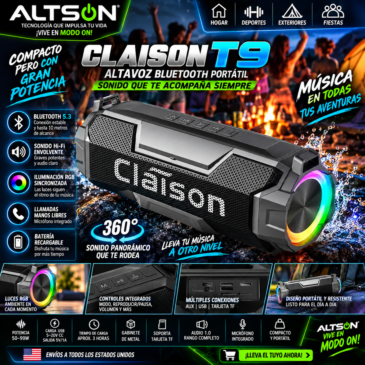 CLAISON T9 Bluetooth 5.3 Speaker | Hi-Fi Bass & RGB | Altavoz