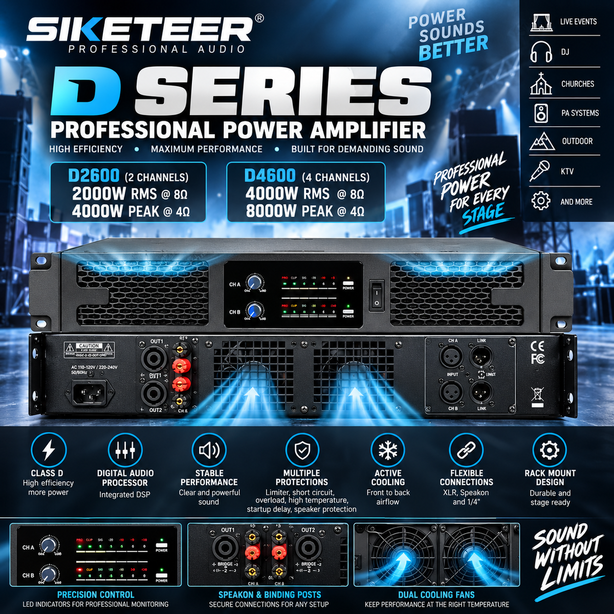 SIKETEER D2600/D4600 Digital Power Amplifier | 2/4 Channel | Amplificador Profesional