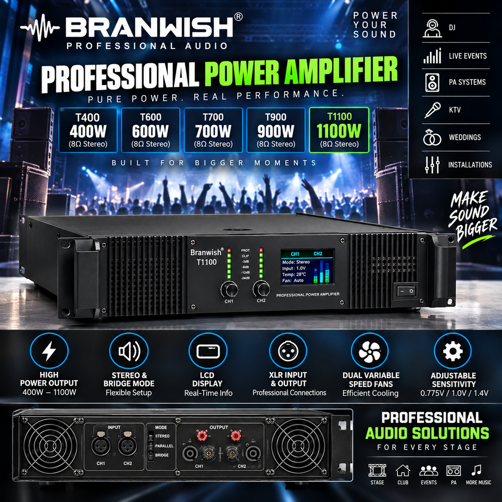 Branwish 400–1100W Professional Power Amplifier | DJ & PA | Amplificador de Audio