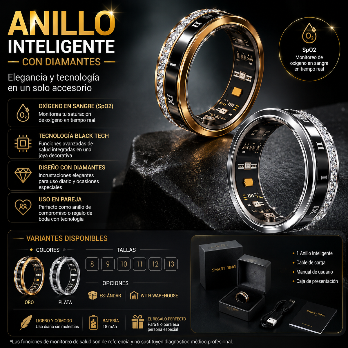 Anillo Inteligente con Diamantes — Smart Ring Multifuncional con Incrustaciones