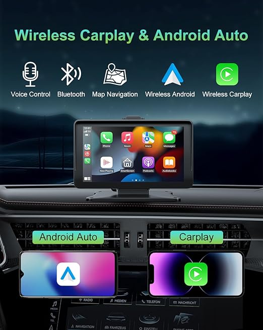 Apple Carplay - Pantalla para automóvil, 7 pulgadas, HD, inalámbrico, Apple Carplay y pantalla táctil