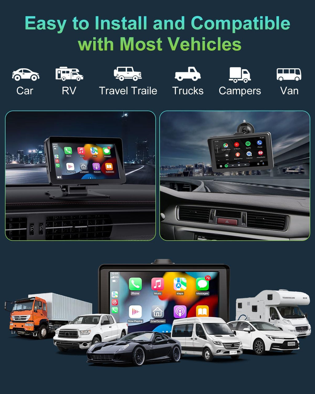 Apple Carplay - Pantalla para automóvil, 7 pulgadas, HD, inalámbrico, Apple Carplay y pantalla táctil