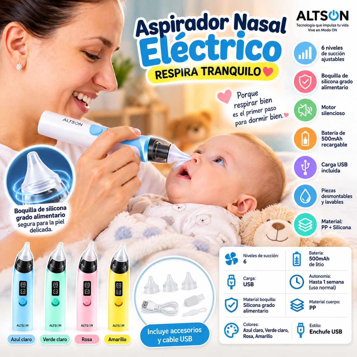 ALTSON Electric Nasal Aspirator for Babies — 6 Suction Levels, USB Rechargeable & Silent