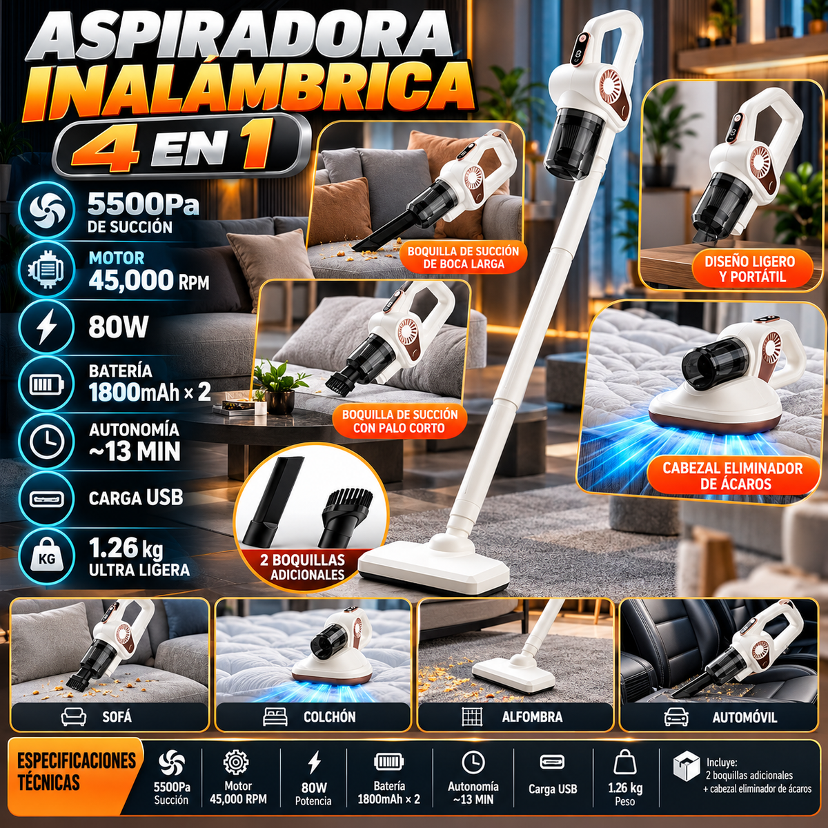 Aspiradora Inalámbrica 4 en 1 | 5500Pa | Elimina Ácaros | Recargable USB