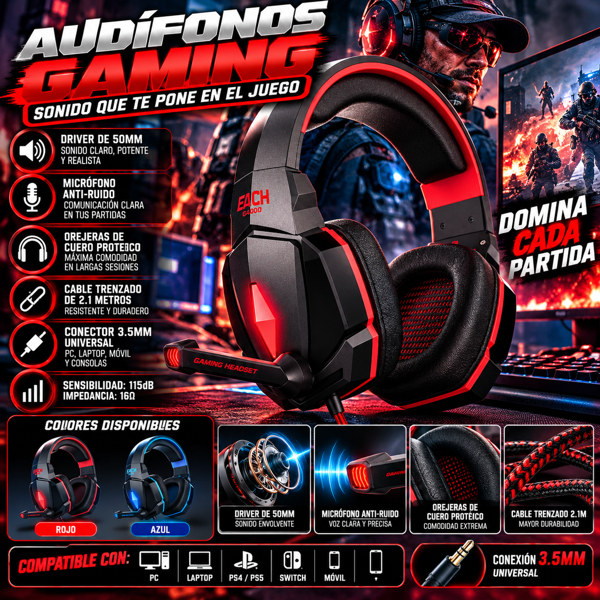 Audífonos Gaming con Micrófono Anti-Ruido y Cable Trenzado | Gaming Headset Anti-Noise with Mic – Blue & Red