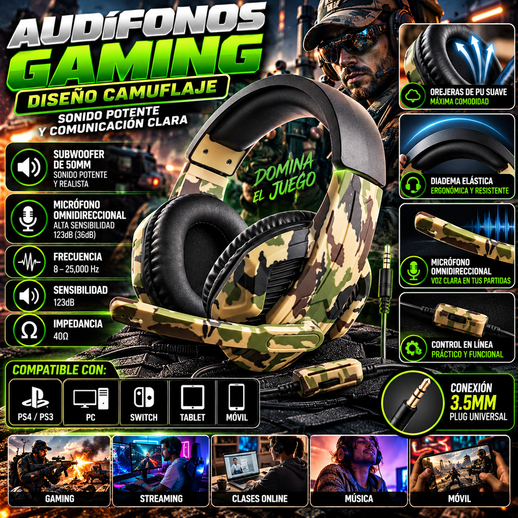 Audífonos Gaming Camuflaje con Micrófono y Subwoofer | Camouflage Gaming Headset with Mic – PS4, PS3, PC & Switch