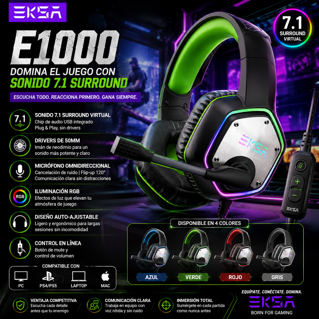 Audífonos Gaming EKSA E1000 | 7.1 Surround | USB | RGB | Micrófono Cancelación de Ruido | PC/PS4/PS5 | EKSA E1000 Gaming Headset 7.1 Surround USB RGB Noise Cancelling Mic