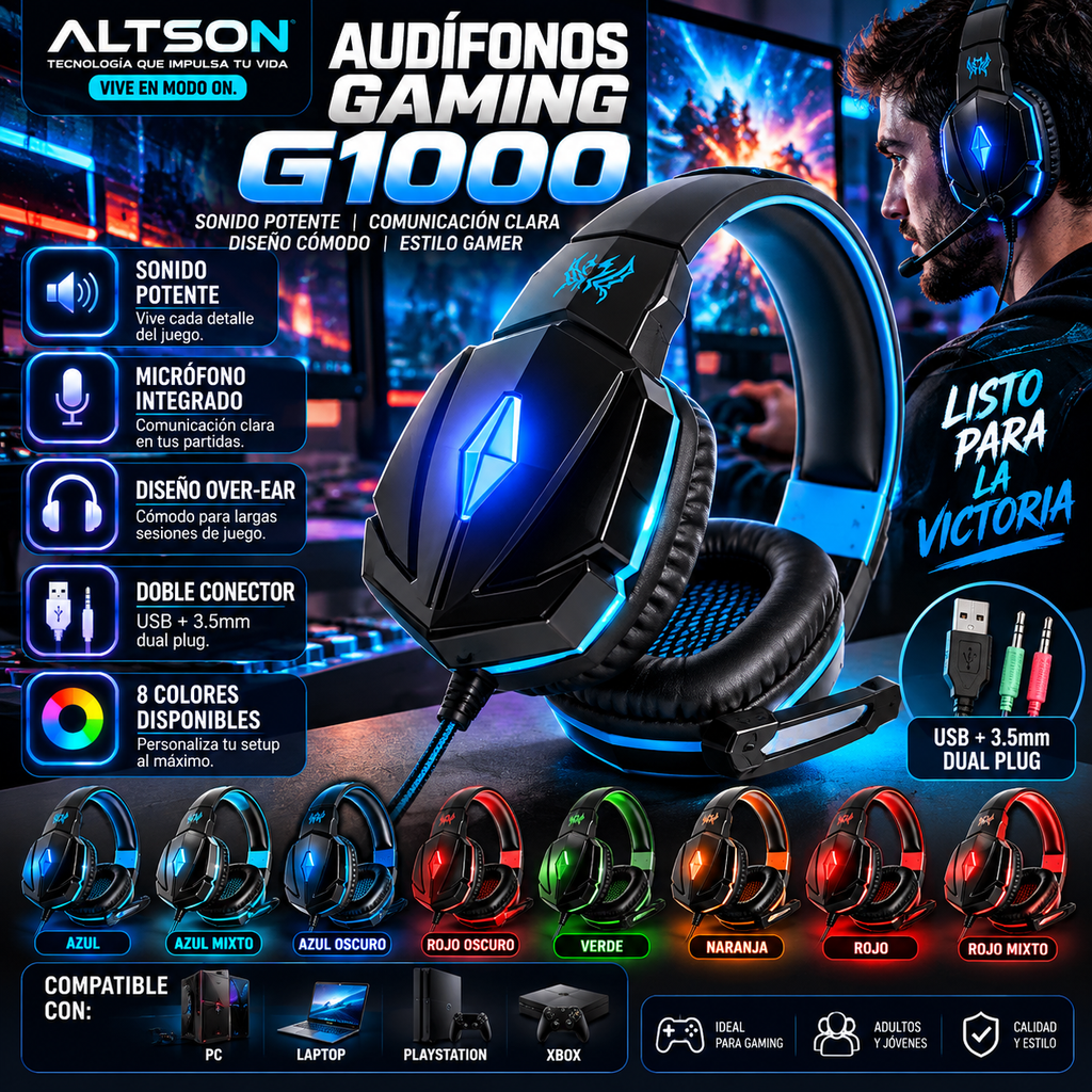 Audífonos Gaming G1000 con Micrófono 8 Colores | G1000 Gaming Headset with Mic – USB + 3.5mm