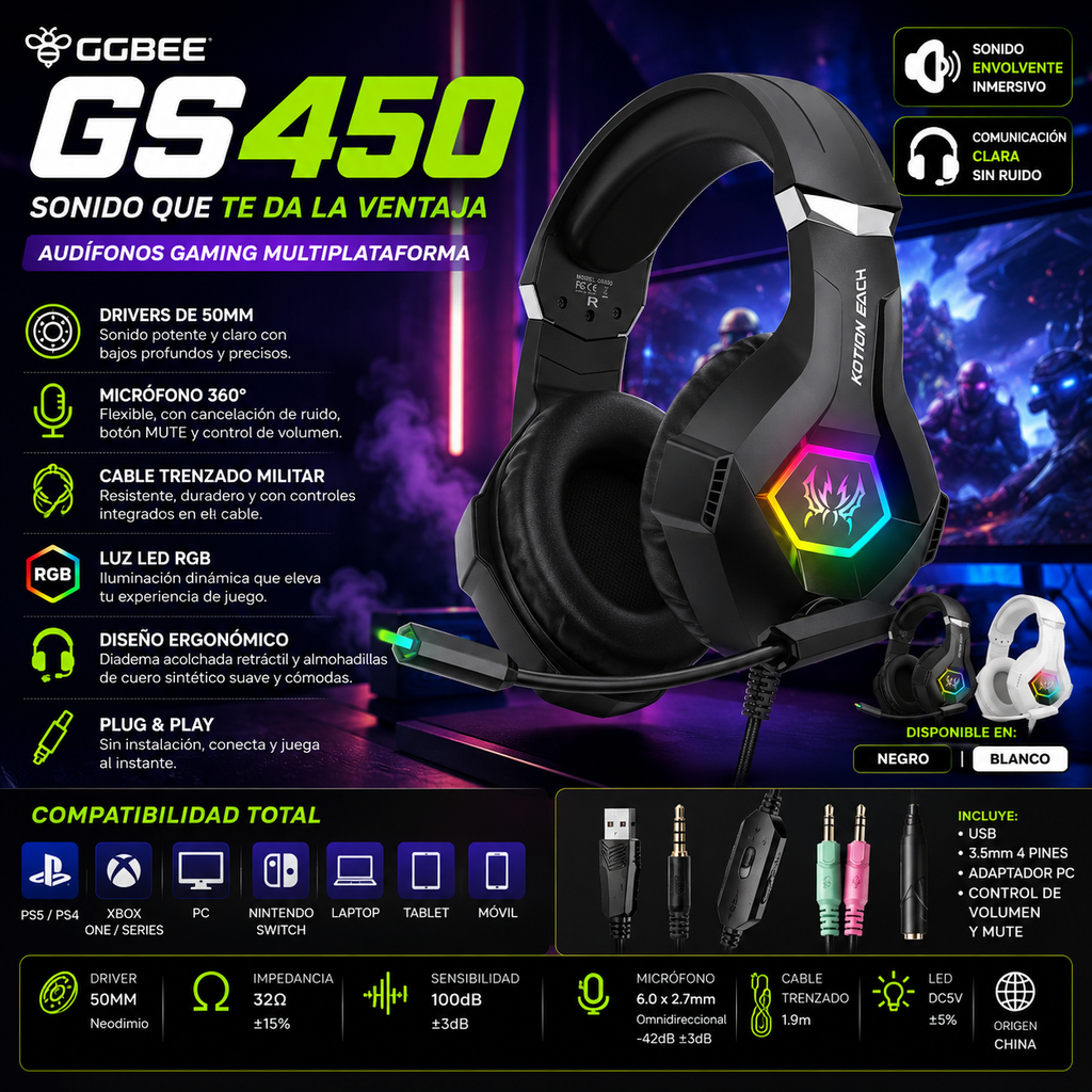 Audífonos Gaming GGBEE GS450 | USB + 3.5mm | RGB | Micrófono 360° | PC/PS4/PS5/Xbox | GGBEE GS450 Gaming Headset USB 3.5mm RGB 360° Mic PC PS4 PS5 Xbox