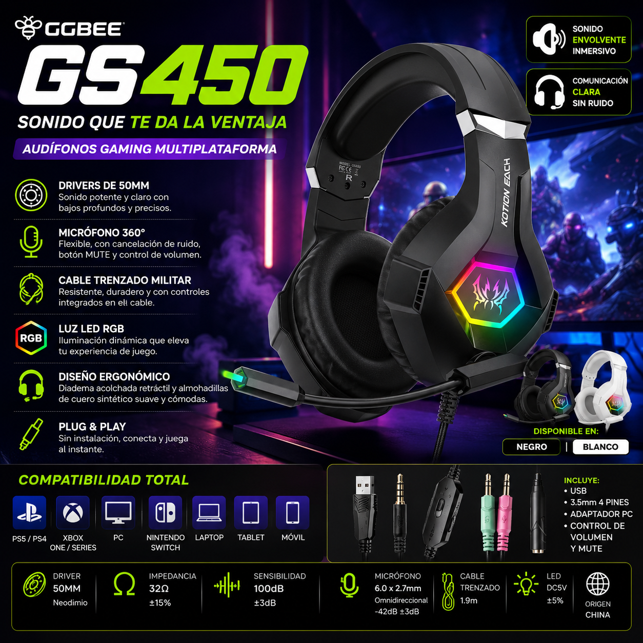 Audífonos Gaming GGBEE GS450 | USB + 3.5mm | RGB | Micrófono 360° | PC/PS4/PS5/Xbox | GGBEE GS450 Gaming Headset USB 3.5mm RGB 360° Mic PC PS4 PS5 Xbox