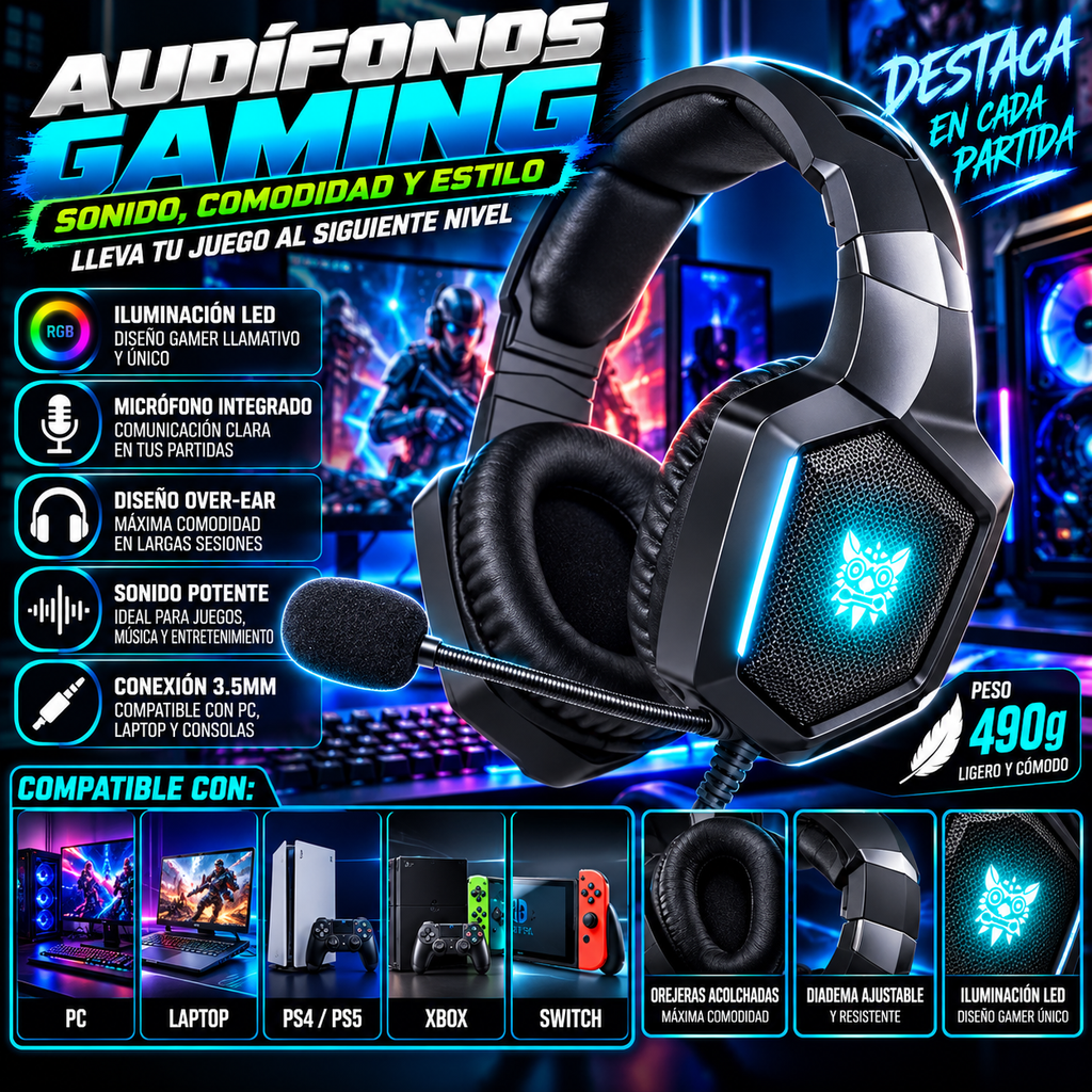 Audífonos Gaming Luminosos con Luz LED y Micrófono | Luminous Gaming Headset with LED Light – Black