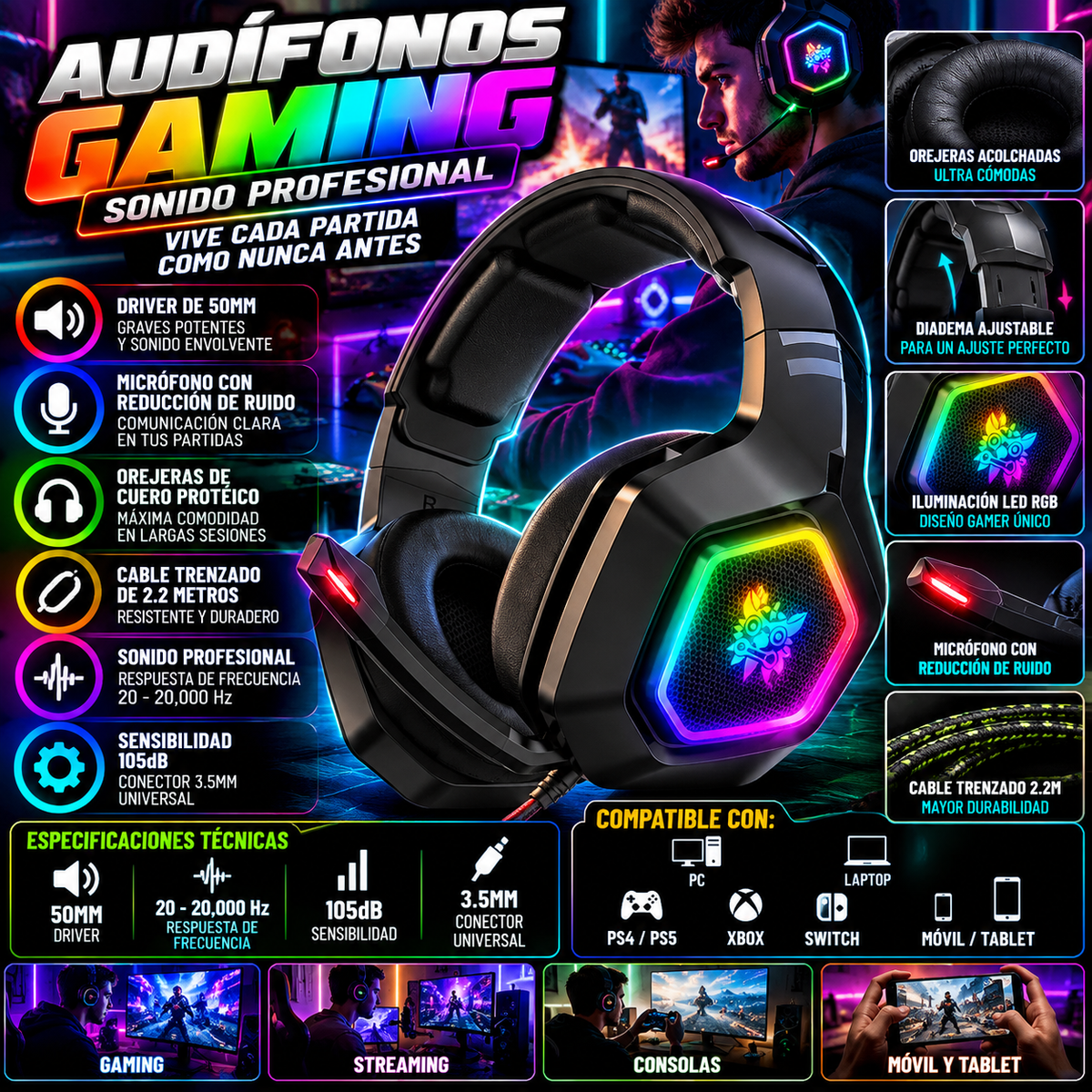 Audífonos Gaming Pro con Micrófono y Cable Trenzado | Pro Gaming Headset with Noise Reduction Mic – Black